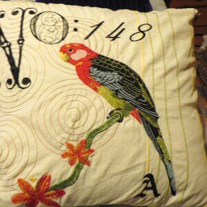 BEAUTIFUL LARGE EMBROIDERED PARROT PILLOW - ZIPPERED!  TROPICAL DECOR